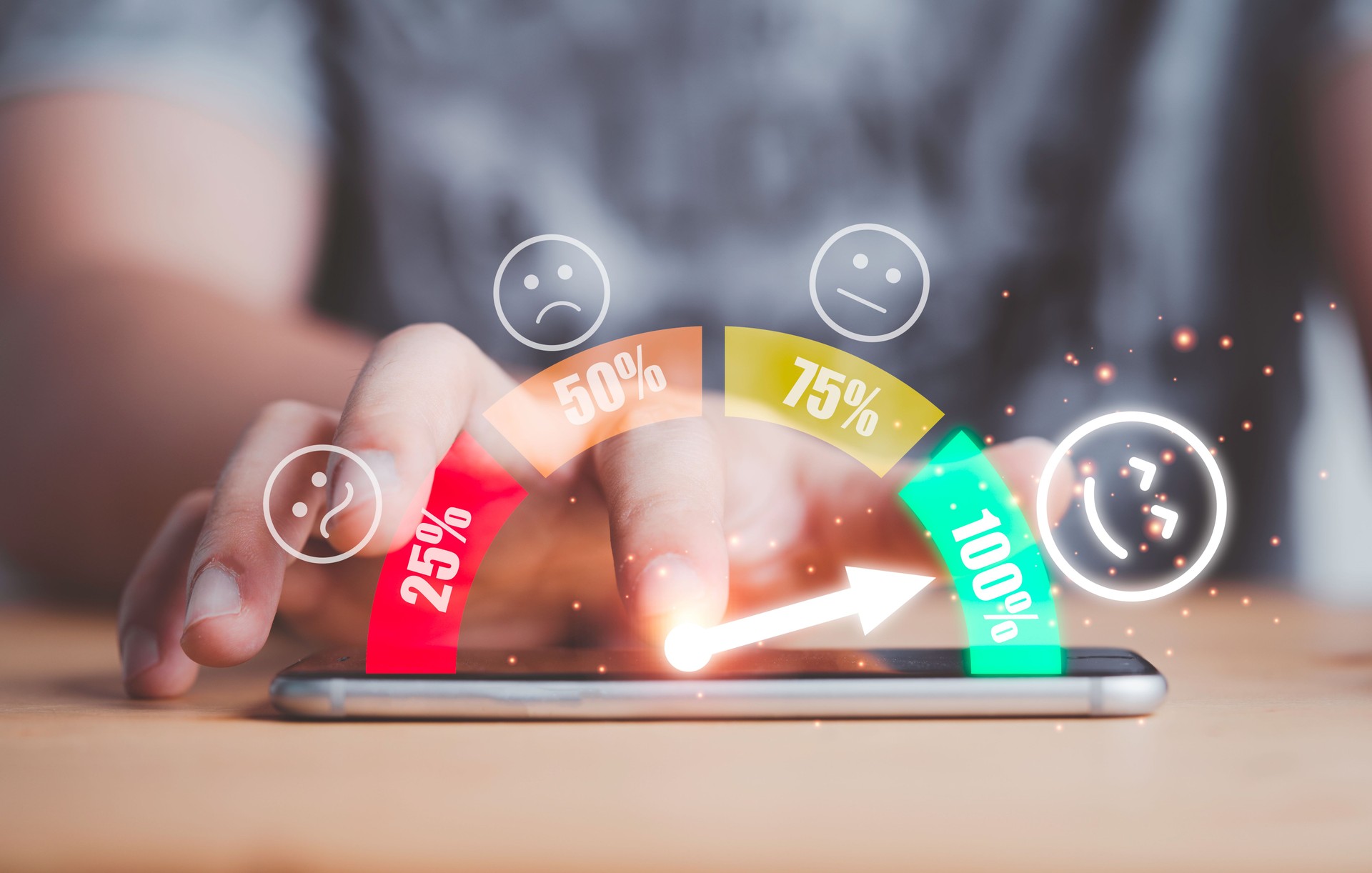 Customer using smartphone with face icons and info graphic percentage to evaluate product after use service , customer satisfaction concept.